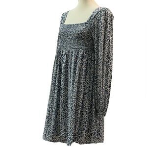 Motherhood Maternity Smocked Long Sleeve Dress Blue Ivory Print Medium